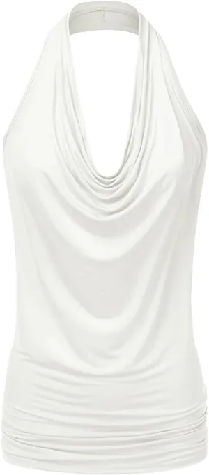 JEsilunmaMY Women Deep V Halter Tanks Cold Shoulder Backless Ruched Tank Tops Slim Fit Sleeveless T-Shirts Summer Vest Top