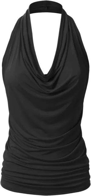 JEsilunmaMY Women Deep V Halter Tanks Cold Shoulder Backless Ruched Tank Tops Slim Fit Sleeveless T-Shirts Summer Vest Top
