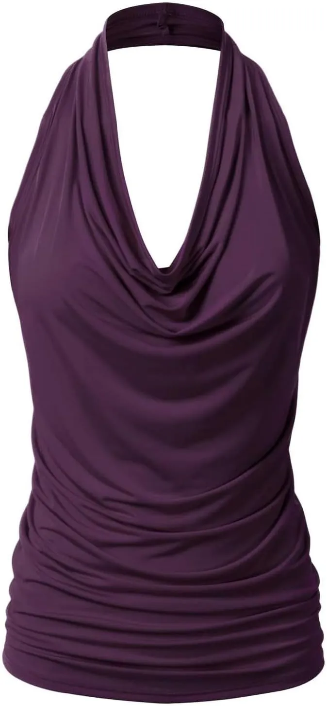 JEsilunmaMY Women Deep V Halter Tanks Cold Shoulder Backless Ruched Tank Tops Slim Fit Sleeveless T-Shirts Summer Vest Top