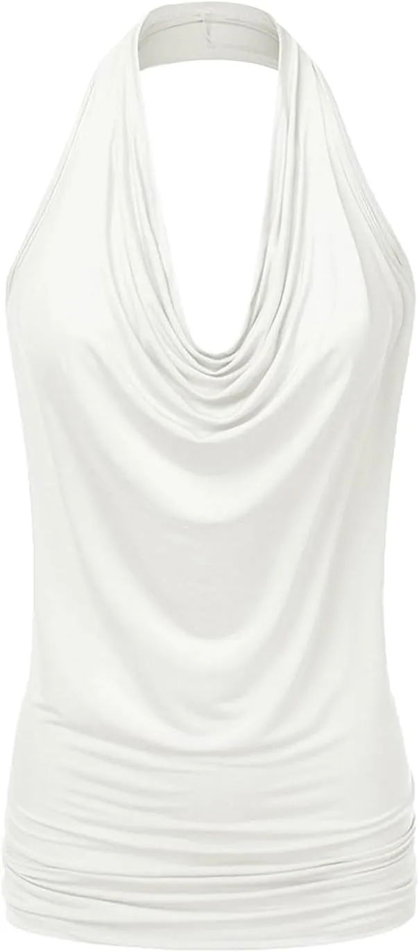 JEsilunmaMY Women Deep V Halter Tanks Cold Shoulder Backless Ruched Tank Tops Slim Fit Sleeveless T-Shirts Summer Vest Top