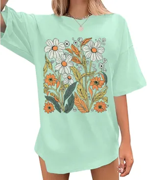 Jinluth Womens Oversized Boho Wildflower Graphic Tee Shirts Vintage Floral Printed Tshirts Cute Flower Plant Tops