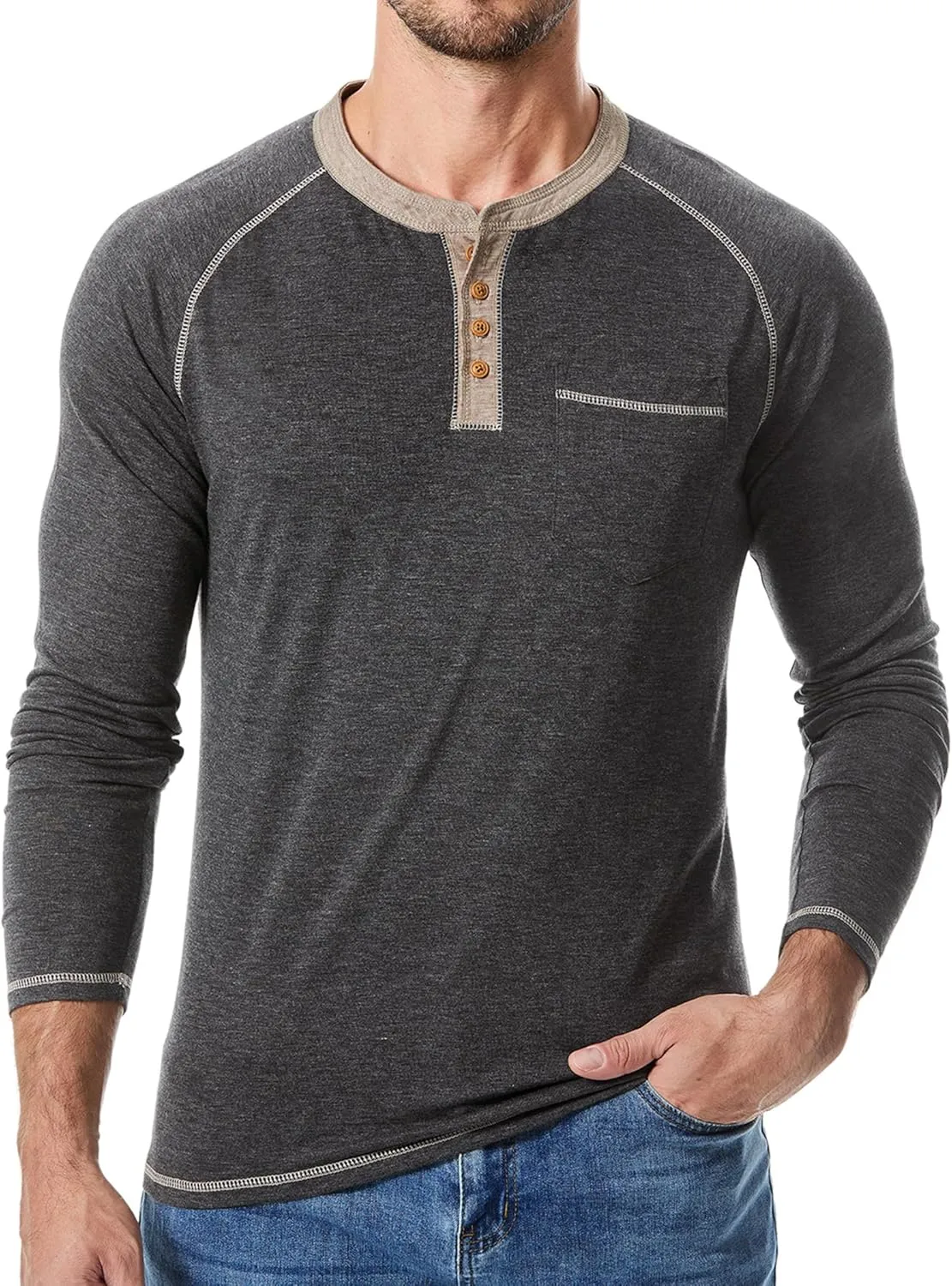 JMIERR Men's Henley Long/Short Sleeve T-Shirt Stretch Cotton Casual Pullover Tee Shirts with Pockets