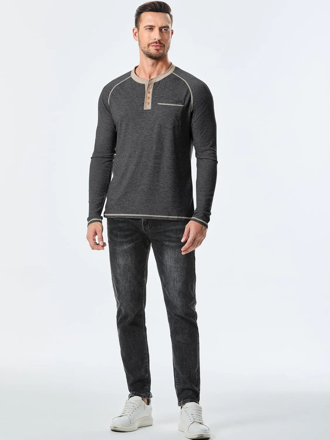 JMIERR Men's Henley Long/Short Sleeve T-Shirt Stretch Cotton Casual Pullover Tee Shirts with Pockets