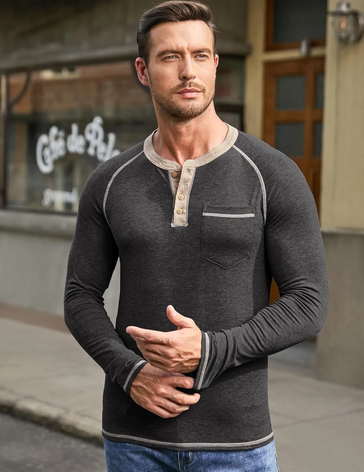 JMIERR Men's Henley Long/Short Sleeve T-Shirt Stretch Cotton Casual Pullover Tee Shirts with Pockets