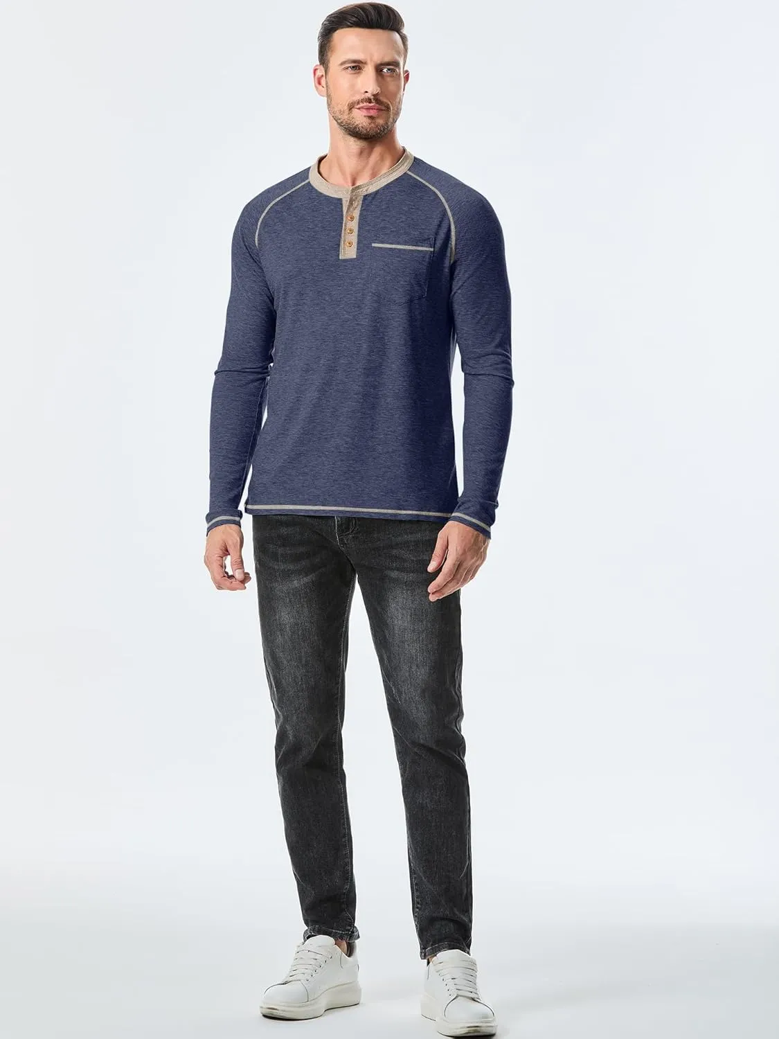 JMIERR Men's Henley Long/Short Sleeve T-Shirt Stretch Cotton Casual Pullover Tee Shirts with Pockets