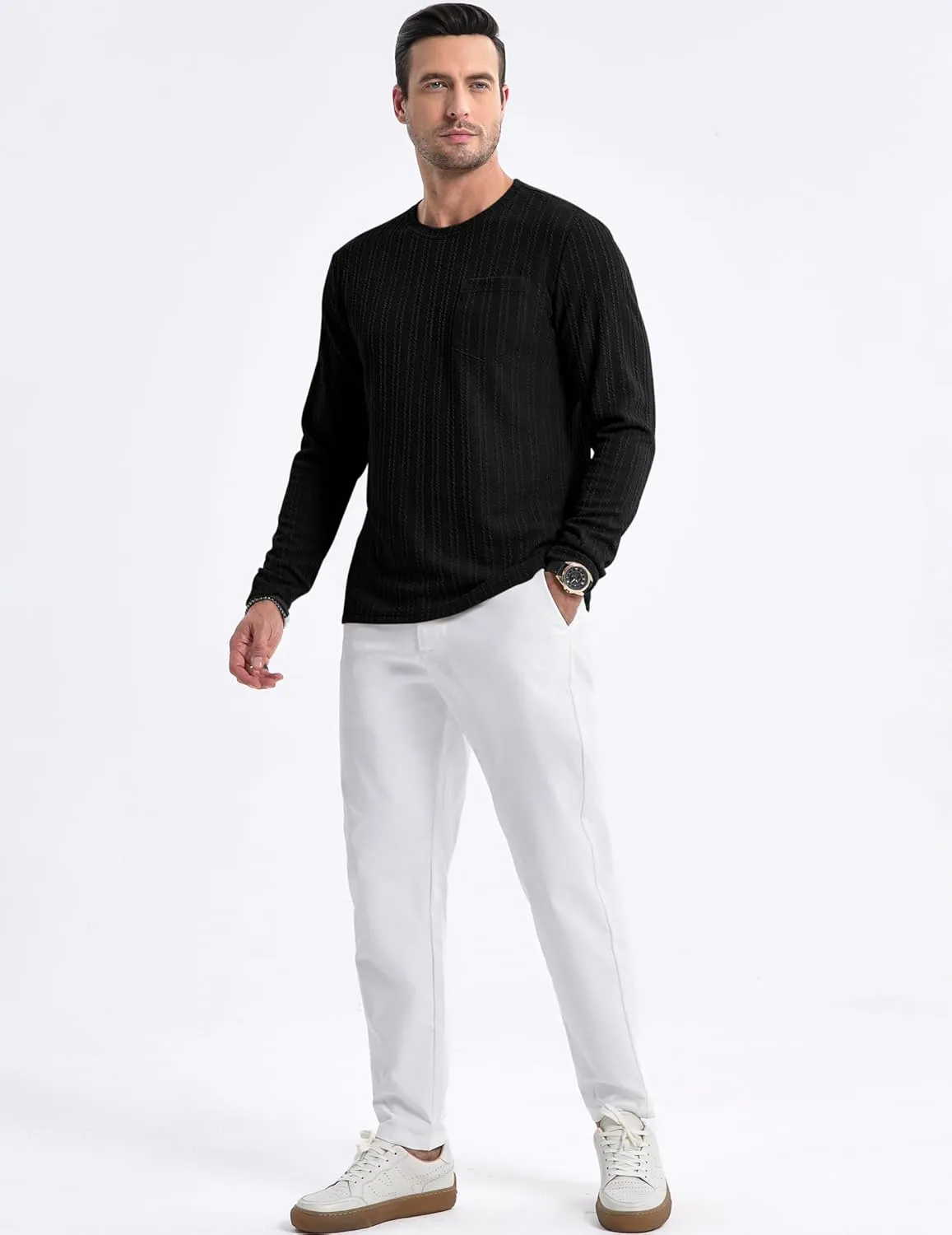 JMIERR Men's Long Sleeve Shirts Casual Crewneck Pullover T-Shirt Stretch Textured Knit Tee with Pocket