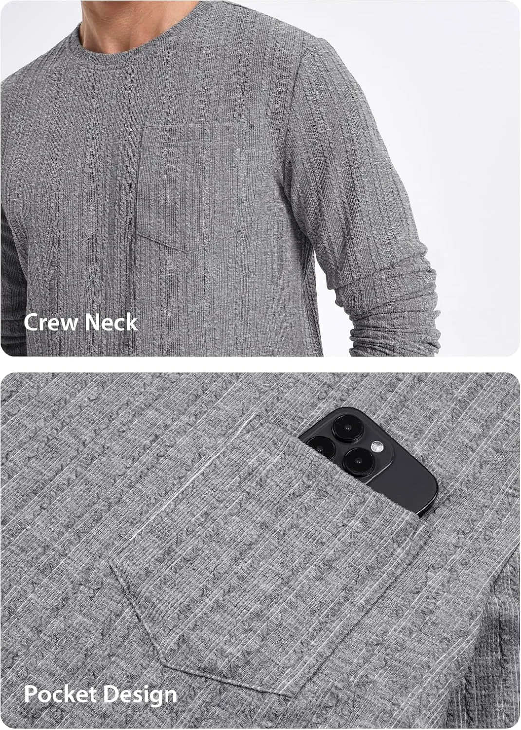 JMIERR Men's Long Sleeve Shirts Casual Crewneck Pullover T-Shirt Stretch Textured Knit Tee with Pocket