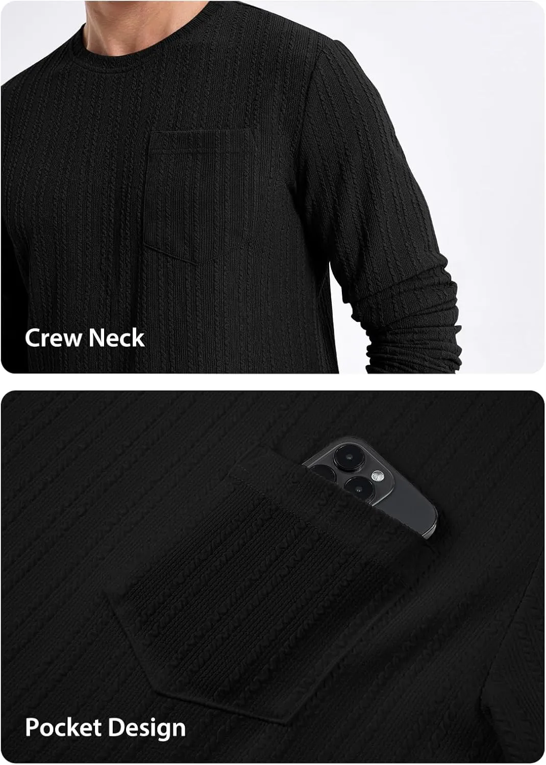 JMIERR Men's Long Sleeve Shirts Casual Crewneck Pullover T-Shirt Stretch Textured Knit Tee with Pocket