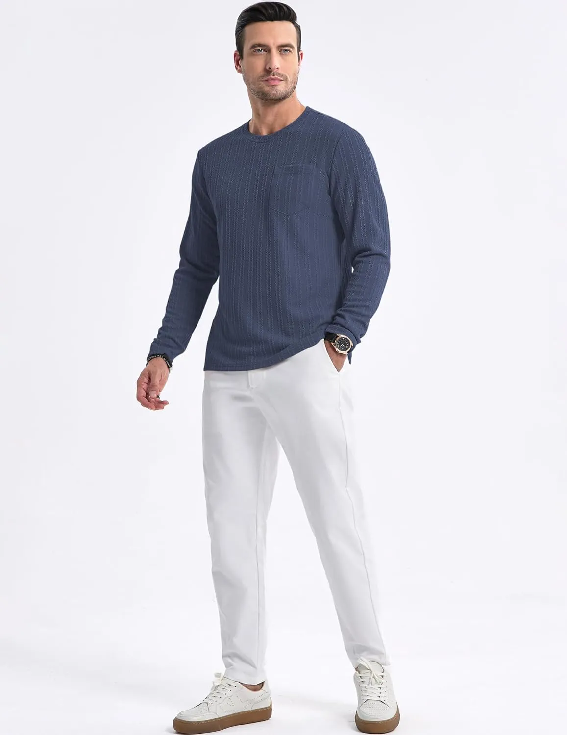 JMIERR Men's Long Sleeve Shirts Casual Crewneck Pullover T-Shirt Stretch Textured Knit Tee with Pocket