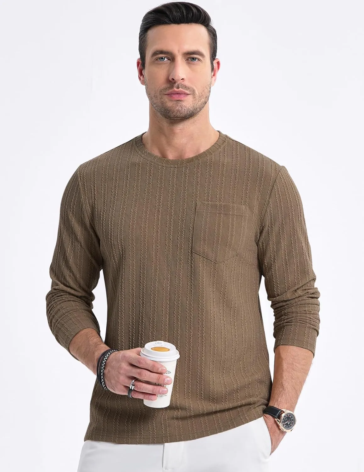 JMIERR Men's Long Sleeve Shirts Casual Crewneck Pullover T-Shirt Stretch Textured Knit Tee with Pocket