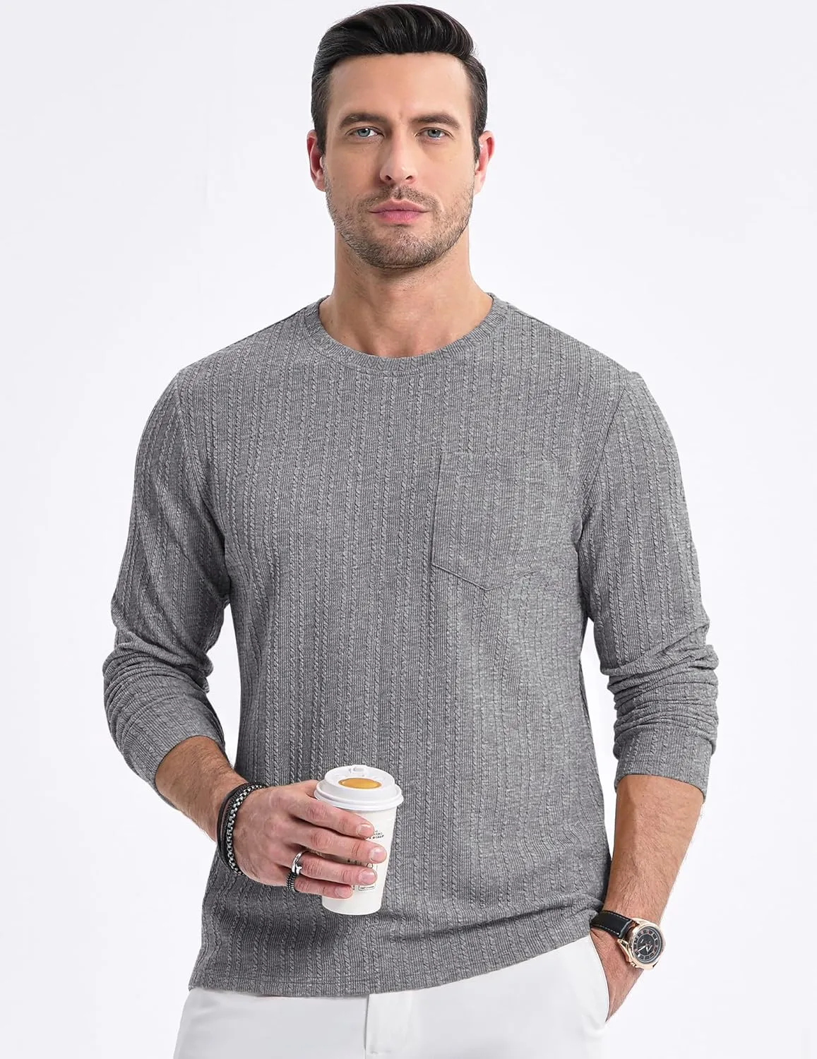 JMIERR Men's Long Sleeve Shirts Casual Crewneck Pullover T-Shirt Stretch Textured Knit Tee with Pocket