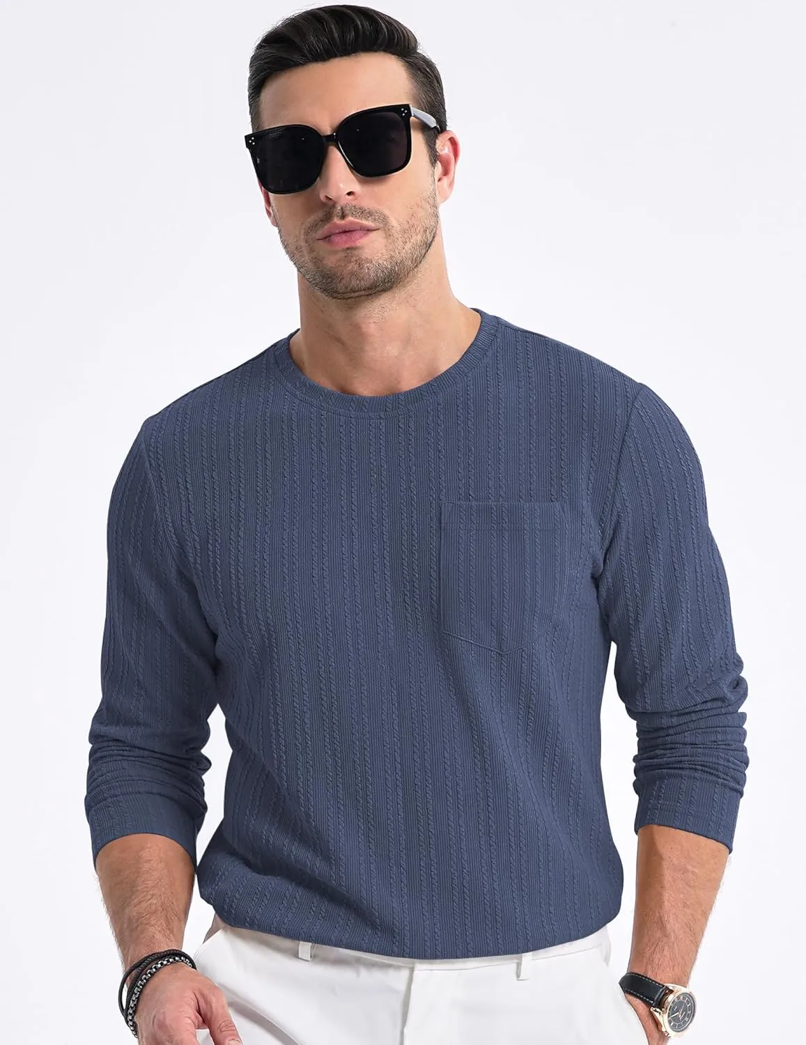 JMIERR Men's Long Sleeve Shirts Casual Crewneck Pullover T-Shirt Stretch Textured Knit Tee with Pocket