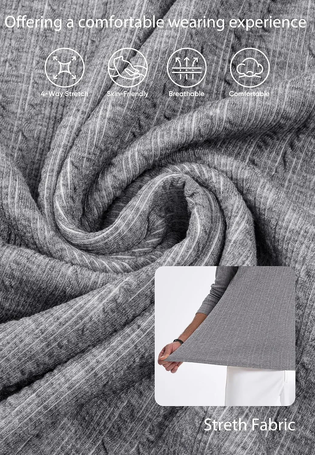 JMIERR Men's Long Sleeve Shirts Casual Crewneck Pullover T-Shirt Stretch Textured Knit Tee with Pocket