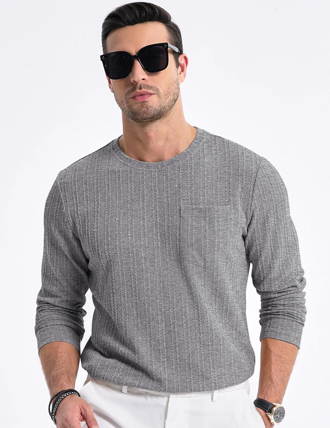 JMIERR Men's Long Sleeve Shirts Casual Crewneck Pullover T-Shirt Stretch Textured Knit Tee with Pocket