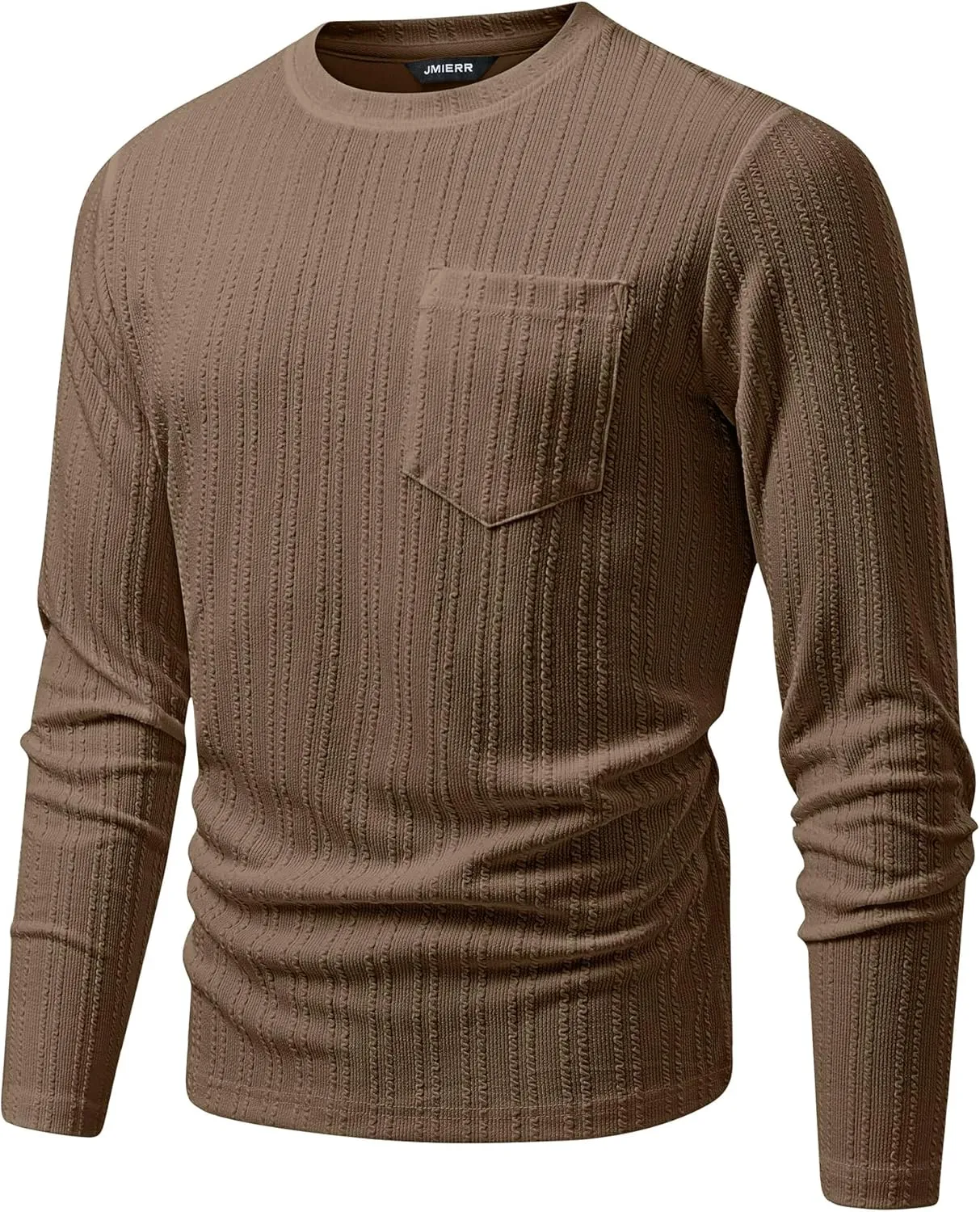 JMIERR Men's Long Sleeve Shirts Casual Crewneck Pullover T-Shirt Stretch Textured Knit Tee with Pocket