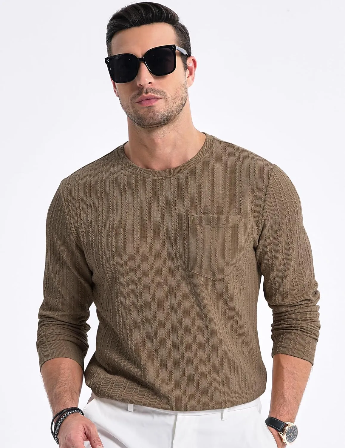 JMIERR Men's Long Sleeve Shirts Casual Crewneck Pullover T-Shirt Stretch Textured Knit Tee with Pocket