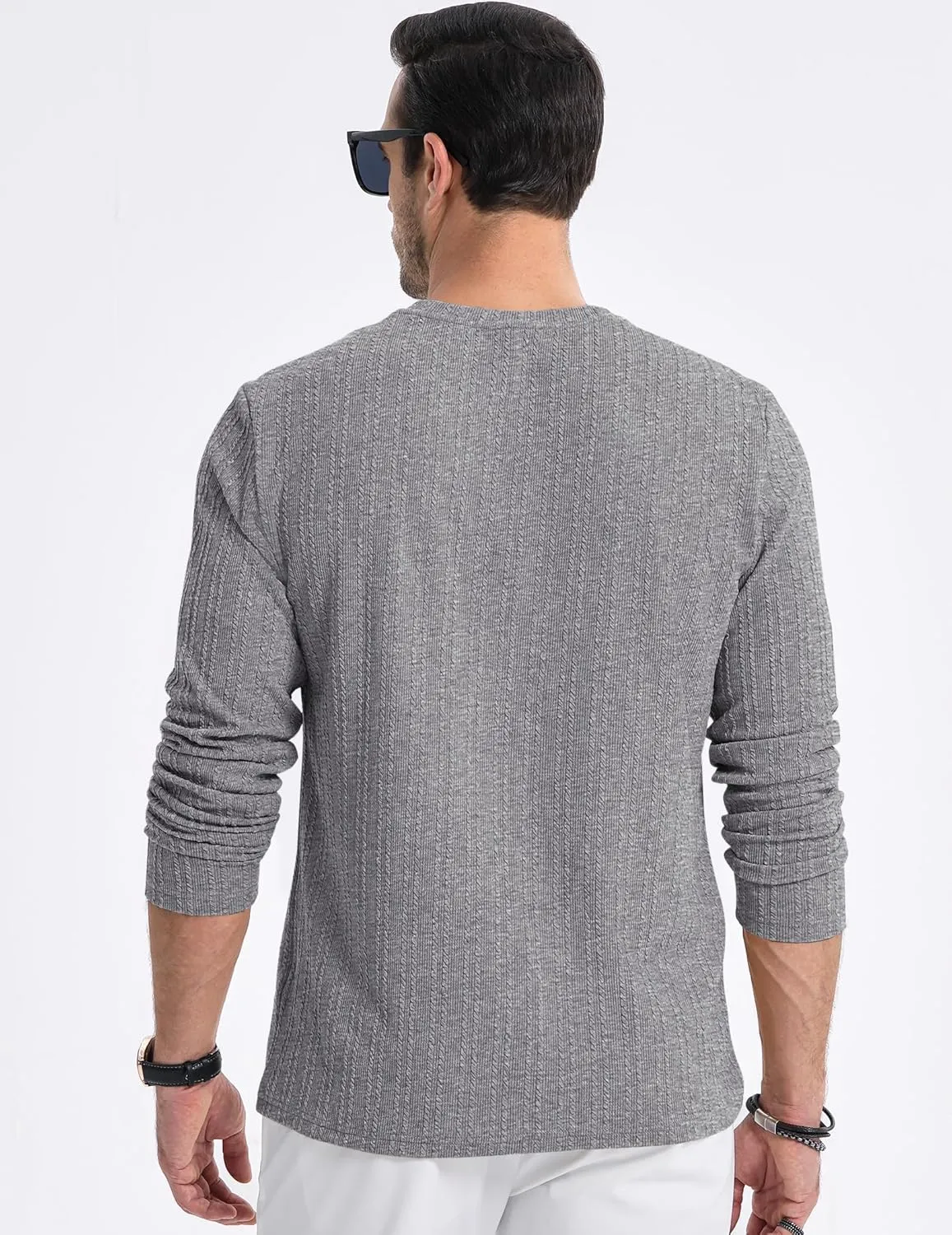 JMIERR Men's Long Sleeve Shirts Casual Crewneck Pullover T-Shirt Stretch Textured Knit Tee with Pocket