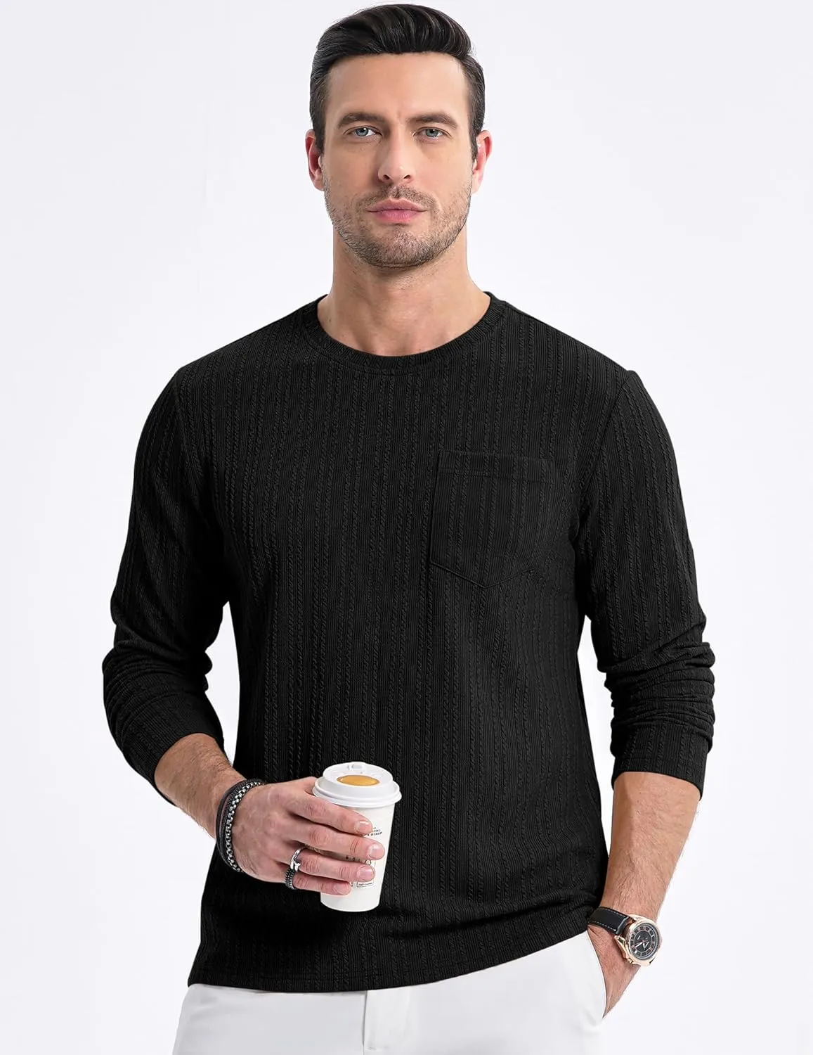 JMIERR Men's Long Sleeve Shirts Casual Crewneck Pullover T-Shirt Stretch Textured Knit Tee with Pocket