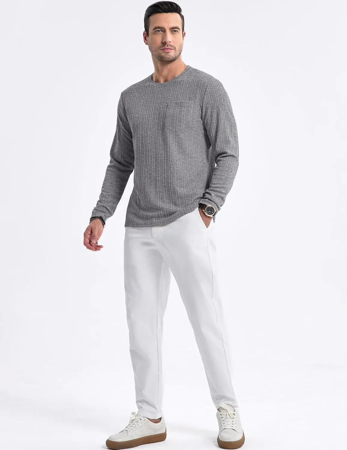 JMIERR Men's Long Sleeve Shirts Casual Crewneck Pullover T-Shirt Stretch Textured Knit Tee with Pocket