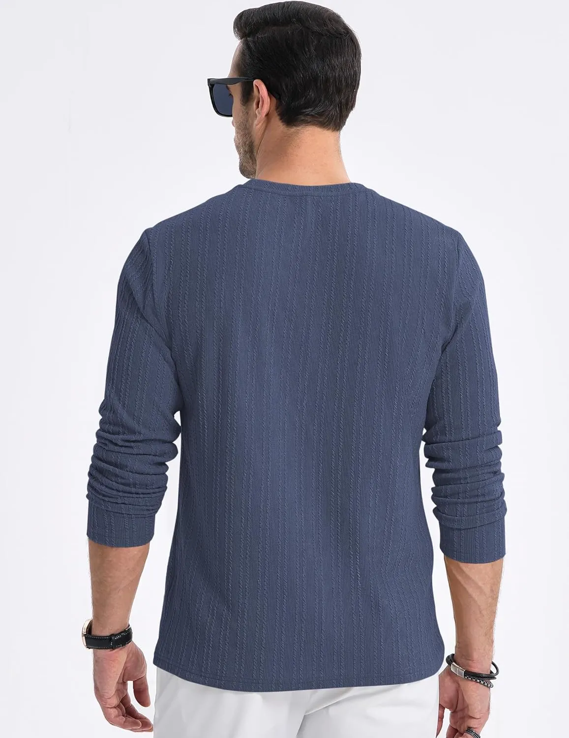 JMIERR Men's Long Sleeve Shirts Casual Crewneck Pullover T-Shirt Stretch Textured Knit Tee with Pocket