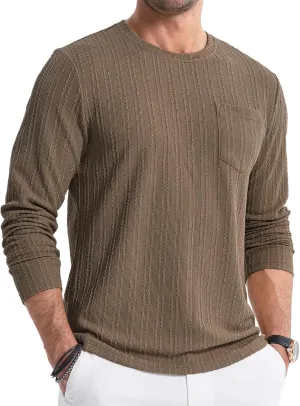 JMIERR Men's Long Sleeve Shirts Casual Crewneck Pullover T-Shirt Stretch Textured Knit Tee with Pocket