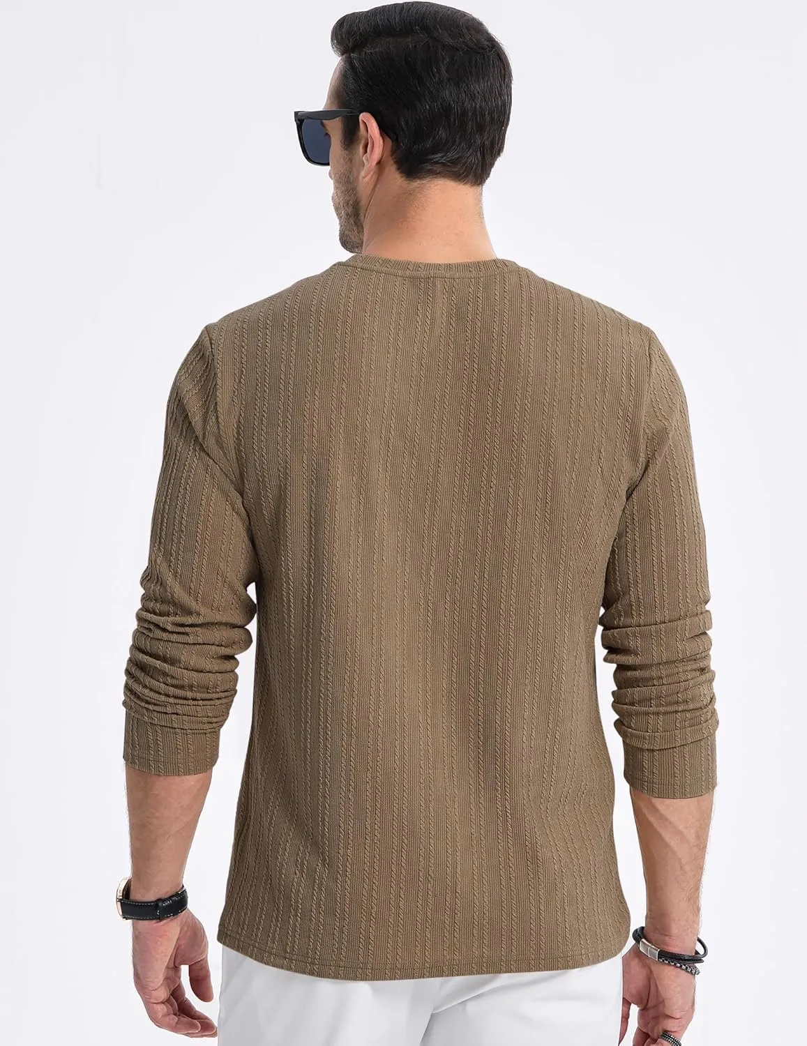 JMIERR Men's Long Sleeve Shirts Casual Crewneck Pullover T-Shirt Stretch Textured Knit Tee with Pocket