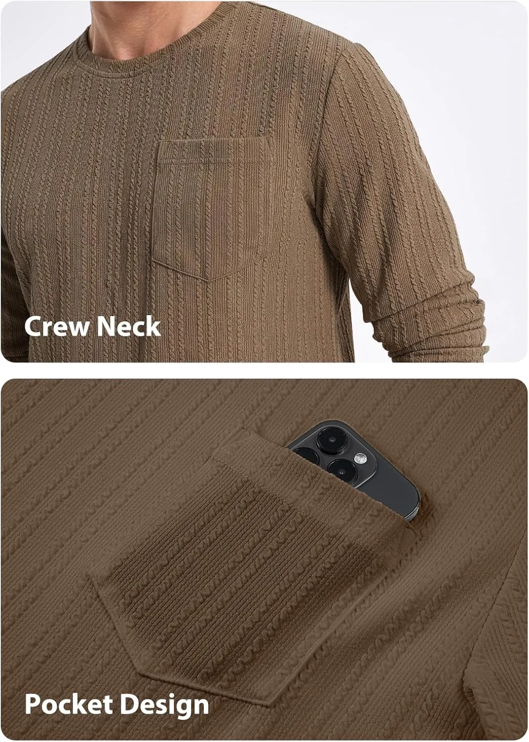 JMIERR Men's Long Sleeve Shirts Casual Crewneck Pullover T-Shirt Stretch Textured Knit Tee with Pocket