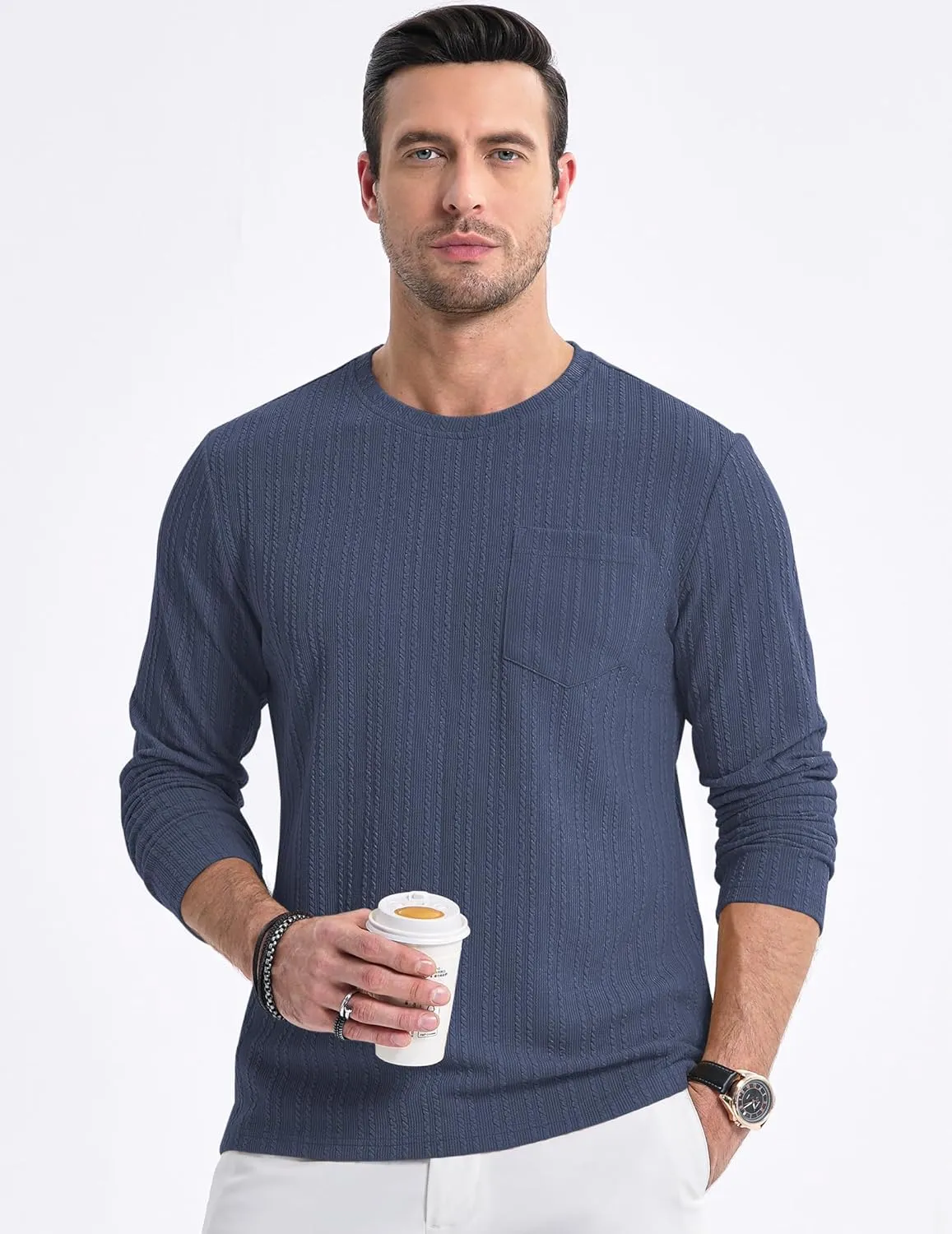 JMIERR Men's Long Sleeve Shirts Casual Crewneck Pullover T-Shirt Stretch Textured Knit Tee with Pocket