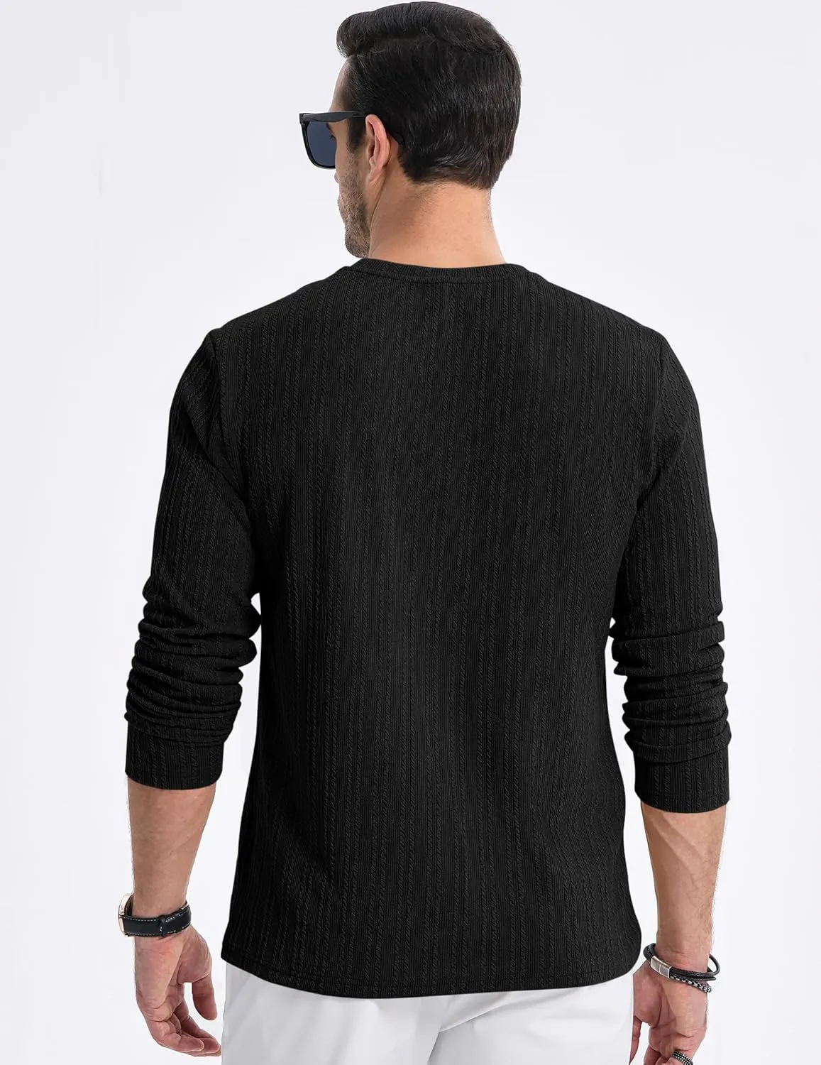 JMIERR Men's Long Sleeve Shirts Casual Crewneck Pullover T-Shirt Stretch Textured Knit Tee with Pocket