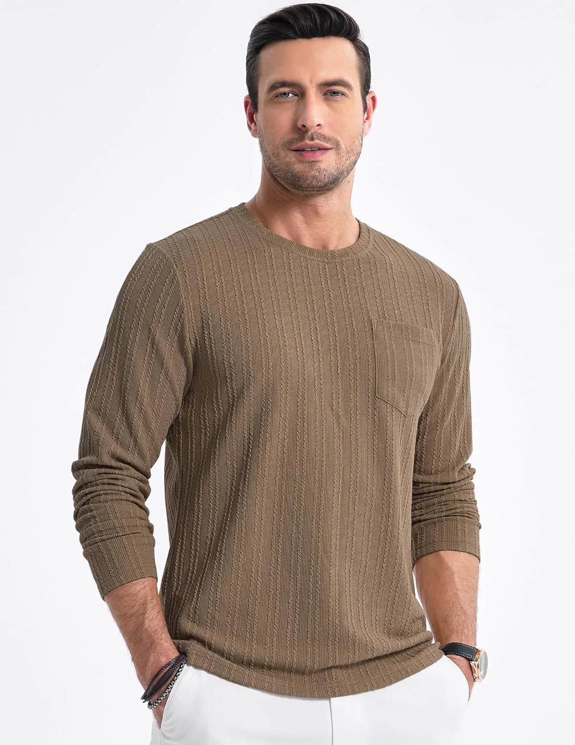 JMIERR Men's Long Sleeve Shirts Casual Crewneck Pullover T-Shirt Stretch Textured Knit Tee with Pocket