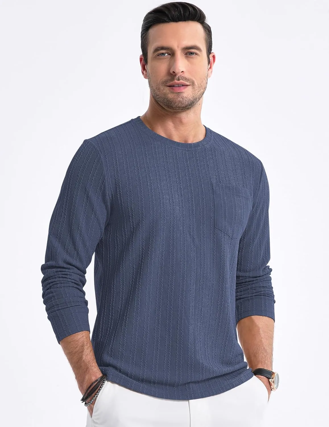 JMIERR Men's Long Sleeve Shirts Casual Crewneck Pullover T-Shirt Stretch Textured Knit Tee with Pocket