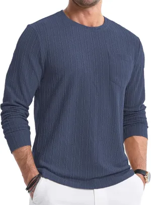 JMIERR Men's Long Sleeve Shirts Casual Crewneck Pullover T-Shirt Stretch Textured Knit Tee with Pocket