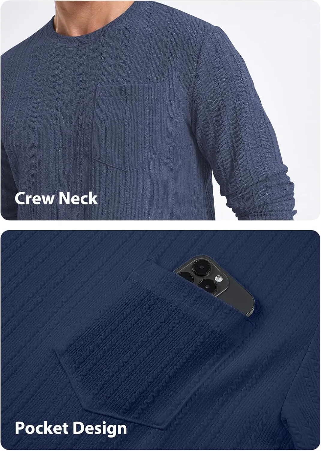 JMIERR Men's Long Sleeve Shirts Casual Crewneck Pullover T-Shirt Stretch Textured Knit Tee with Pocket