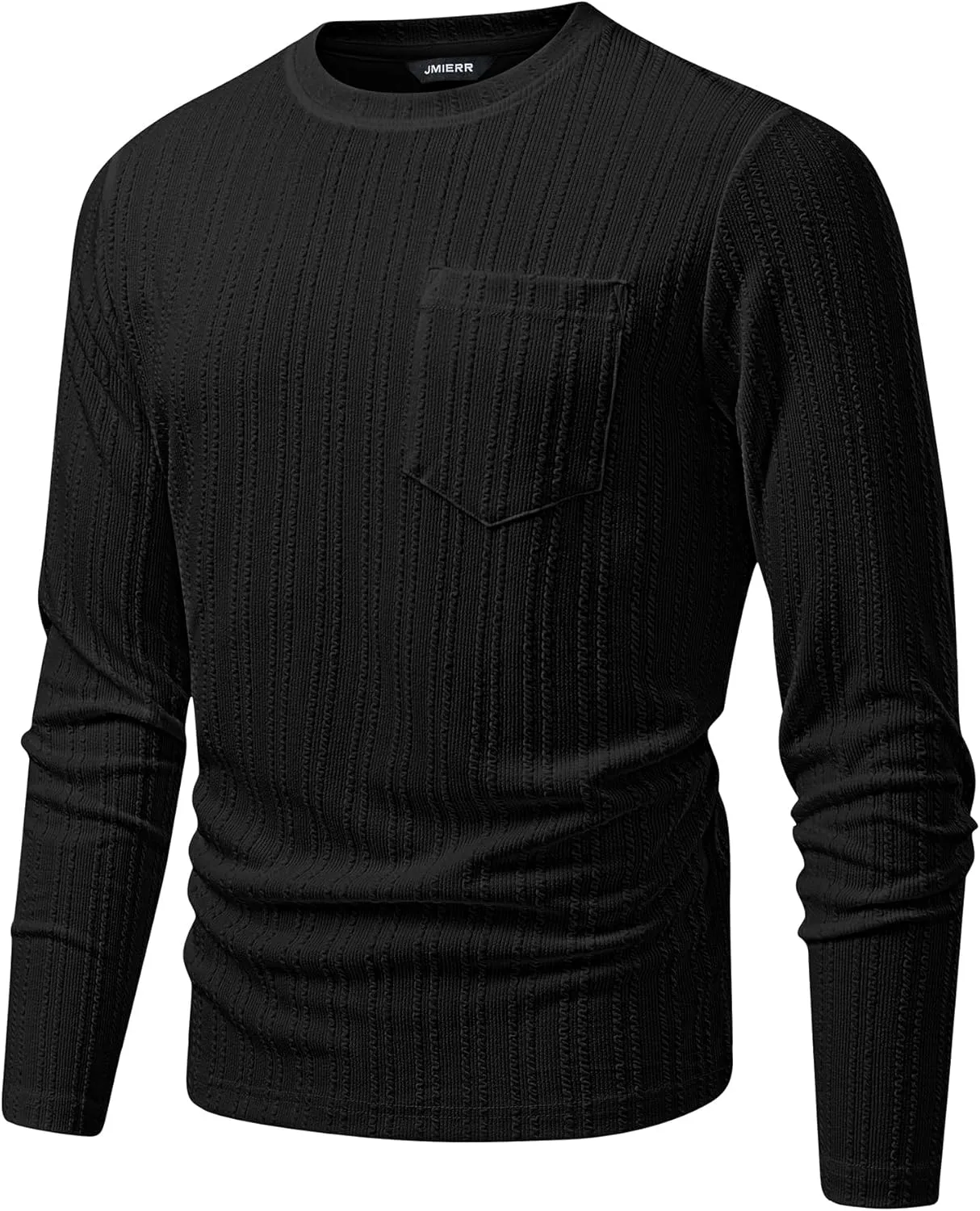 JMIERR Men's Long Sleeve Shirts Casual Crewneck Pullover T-Shirt Stretch Textured Knit Tee with Pocket