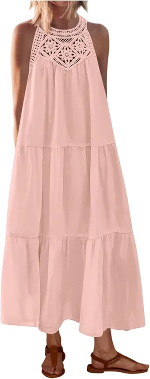 JOAU Summer Tank Dresses for Women 2025 Casual Hollow Out Halter Neck Sleeveless Boho Sundress Tiered Ruffle Beach Maxi Dress