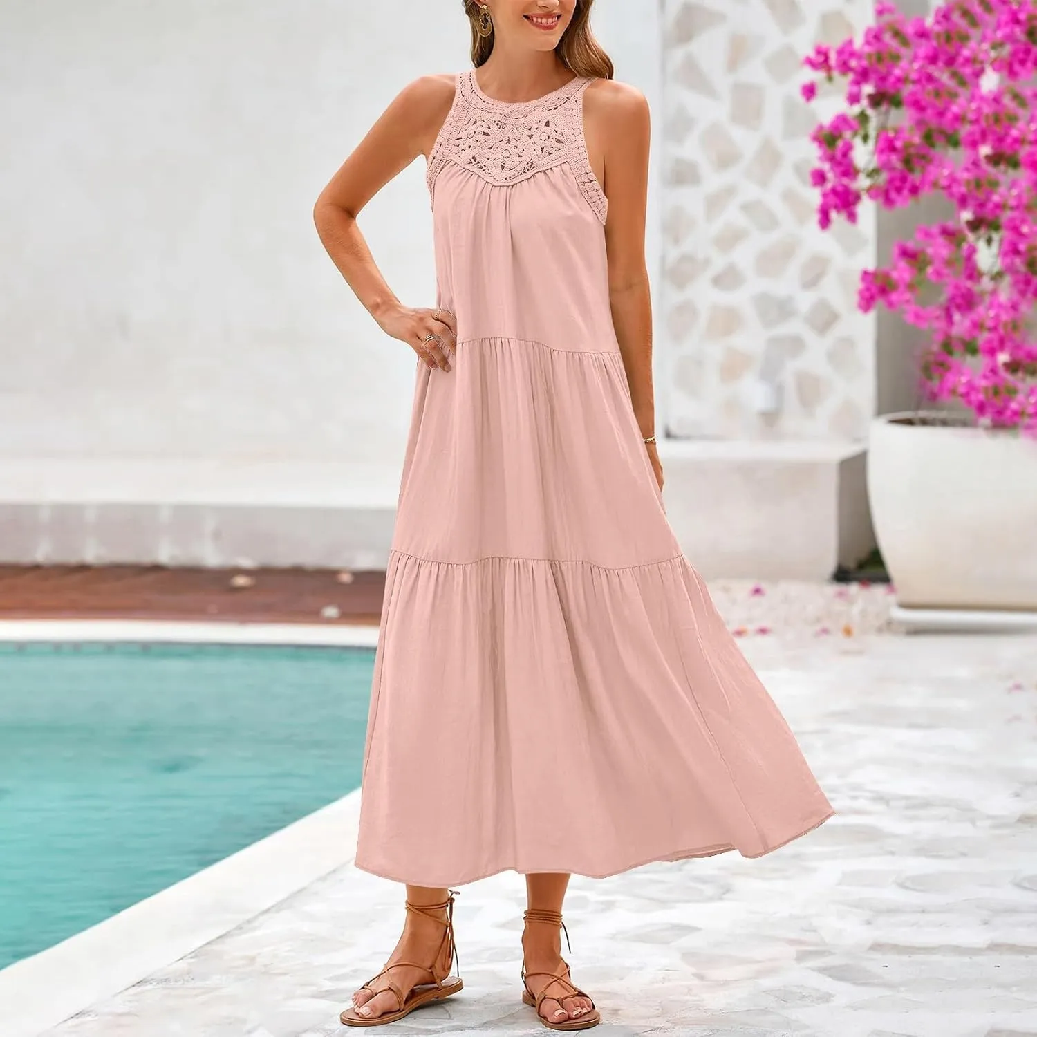 JOAU Summer Tank Dresses for Women 2025 Casual Hollow Out Halter Neck Sleeveless Boho Sundress Tiered Ruffle Beach Maxi Dress