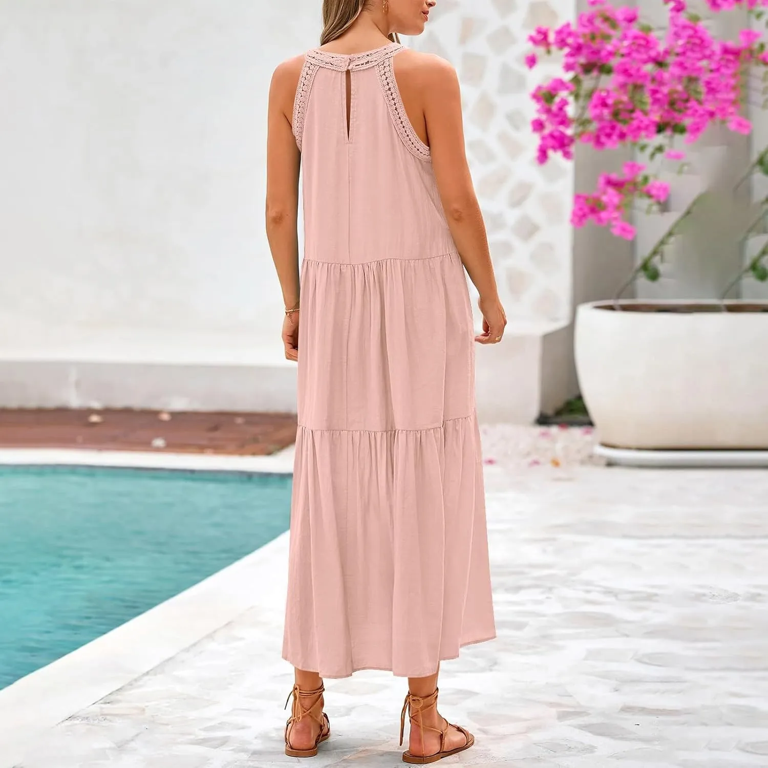 JOAU Summer Tank Dresses for Women 2025 Casual Hollow Out Halter Neck Sleeveless Boho Sundress Tiered Ruffle Beach Maxi Dress