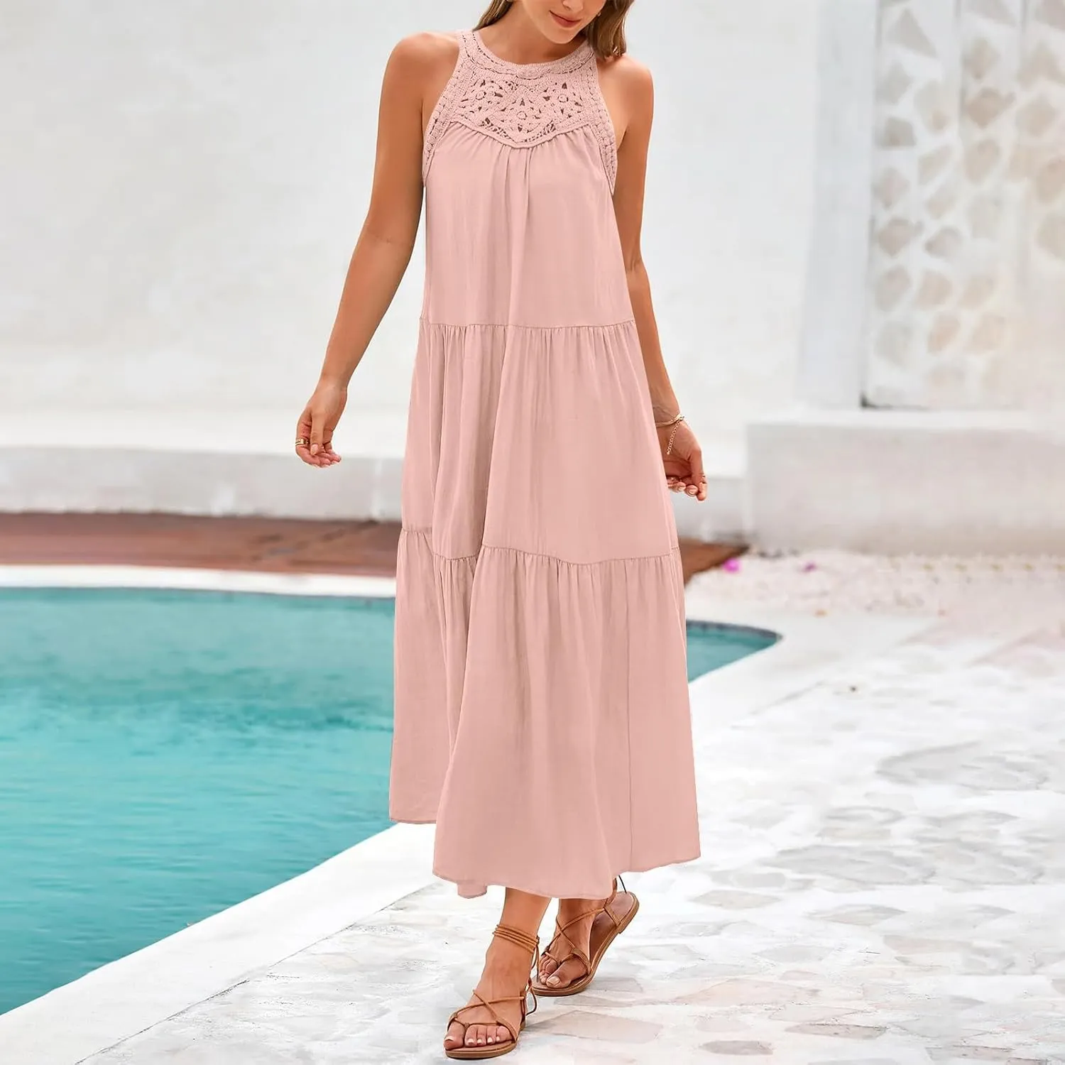 JOAU Summer Tank Dresses for Women 2025 Casual Hollow Out Halter Neck Sleeveless Boho Sundress Tiered Ruffle Beach Maxi Dress