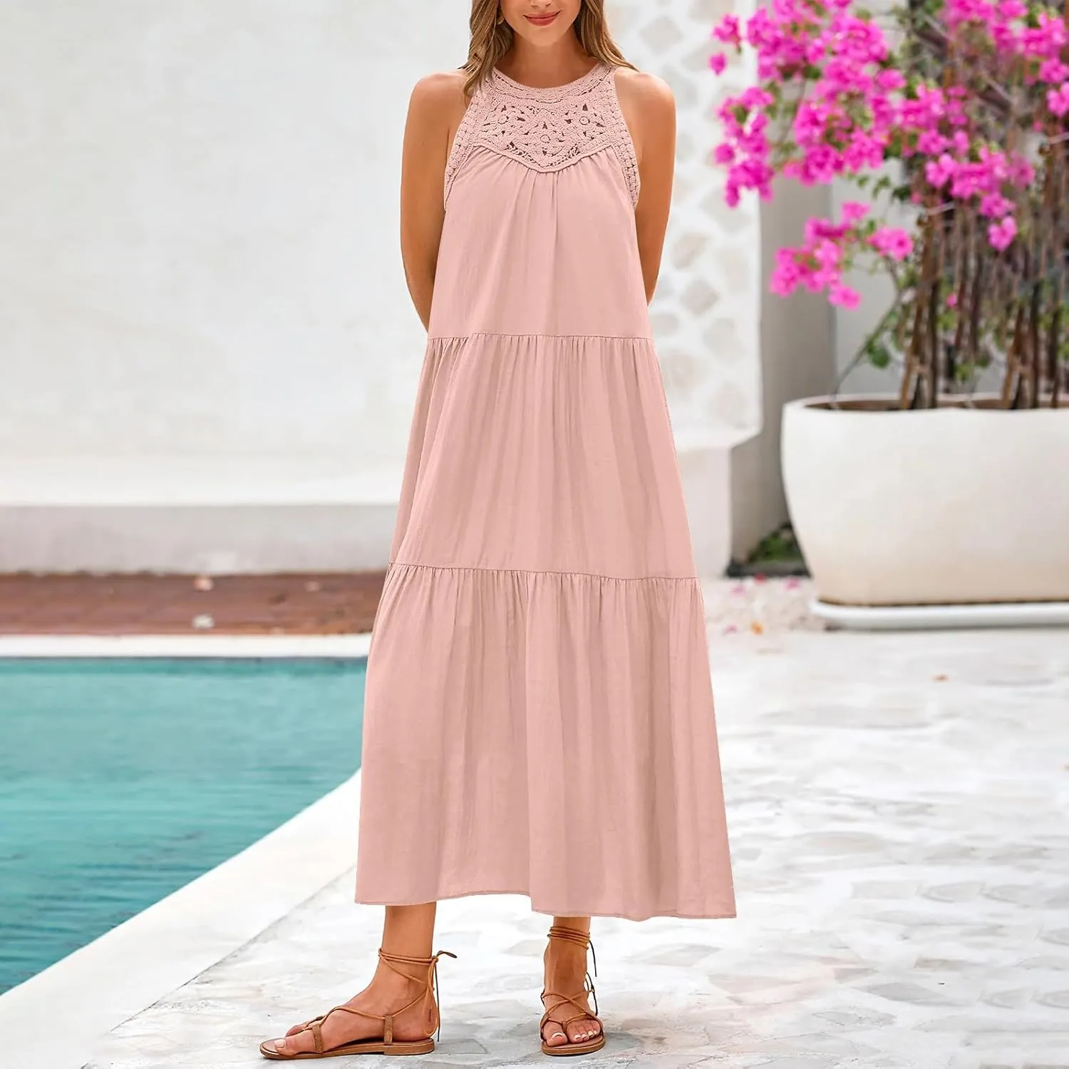 JOAU Summer Tank Dresses for Women 2025 Casual Hollow Out Halter Neck Sleeveless Boho Sundress Tiered Ruffle Beach Maxi Dress