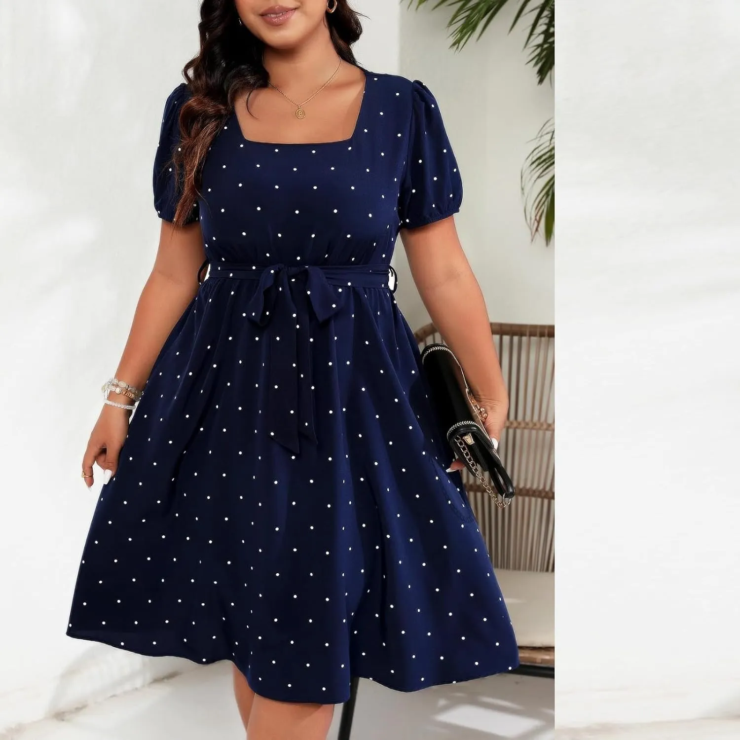 JOAU Womens Plus Size Square Neck Puff Short Sleeve High Waist Polka Dots Belted Midi Dress Cute Swing A-Line Babydoll Dress