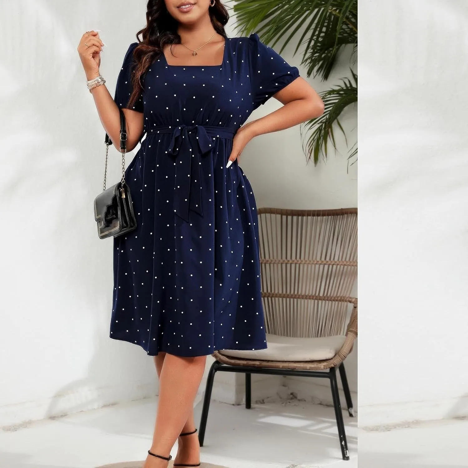 JOAU Womens Plus Size Square Neck Puff Short Sleeve High Waist Polka Dots Belted Midi Dress Cute Swing A-Line Babydoll Dress
