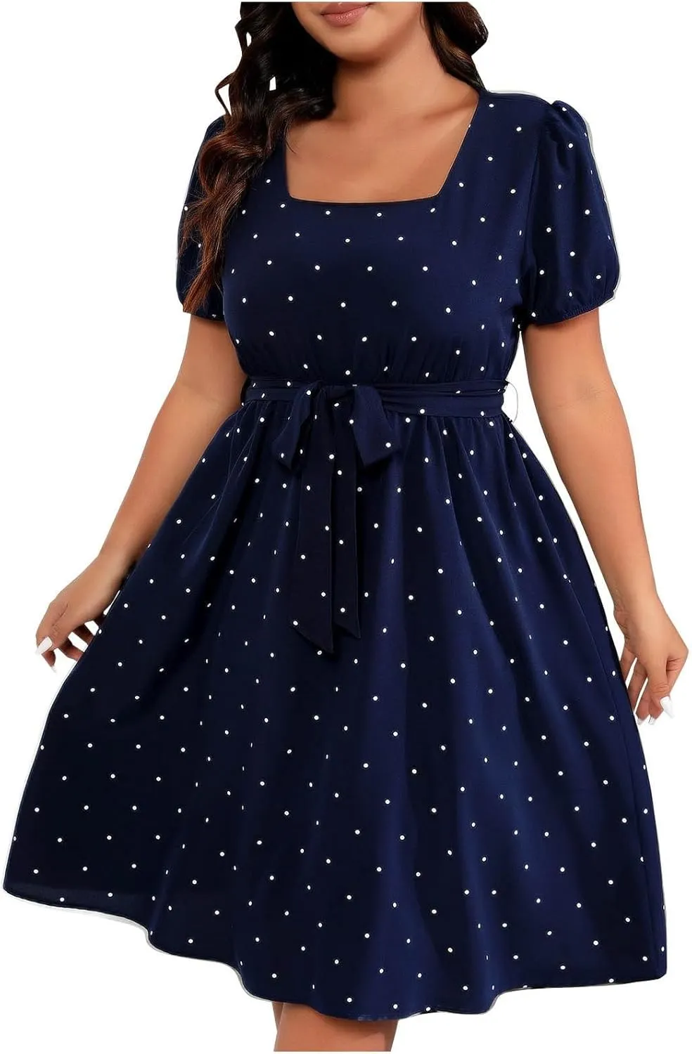 JOAU Womens Plus Size Square Neck Puff Short Sleeve High Waist Polka Dots Belted Midi Dress Cute Swing A-Line Babydoll Dress