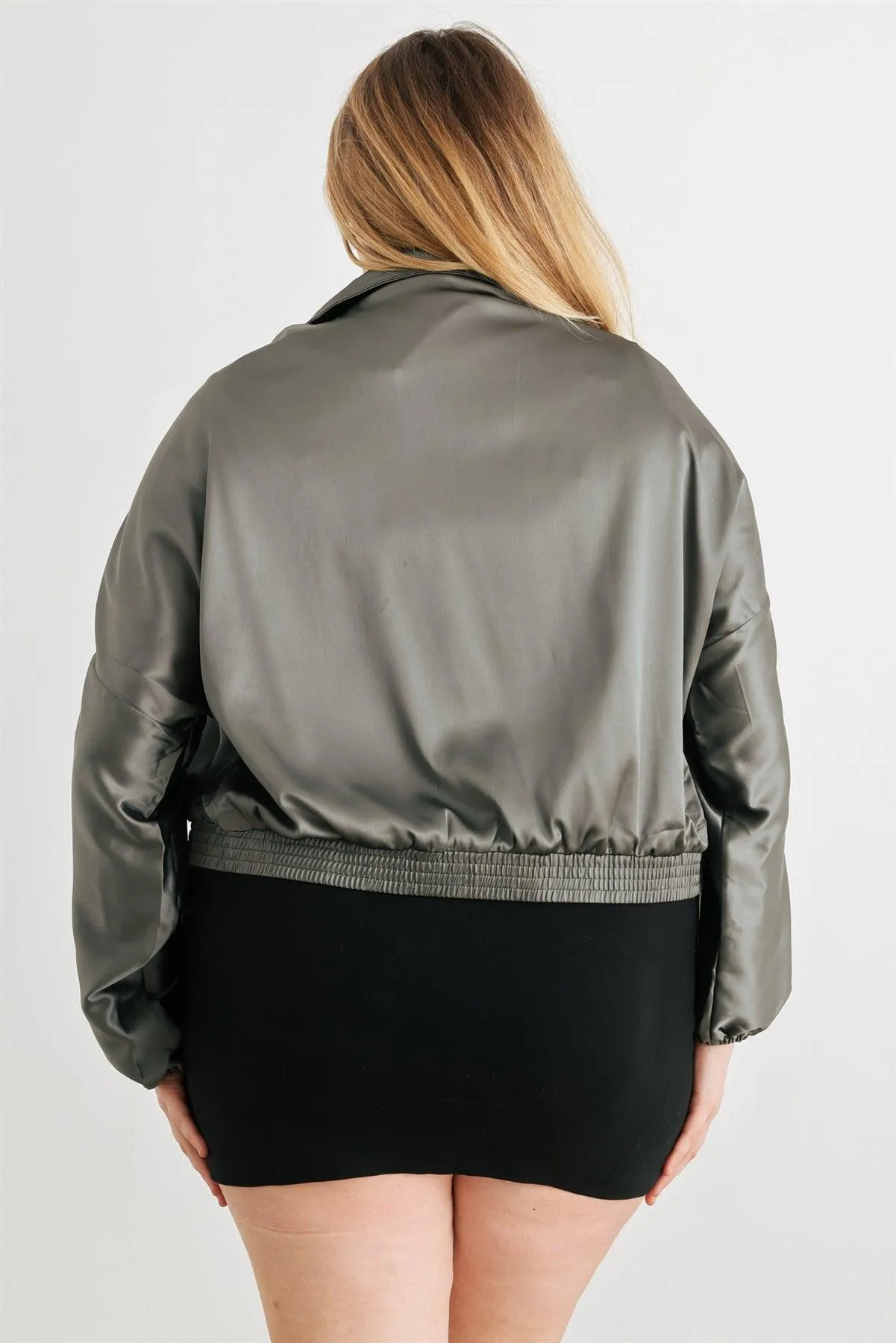 Junior Plus Satin Ruched Cropped Bomber Jacket