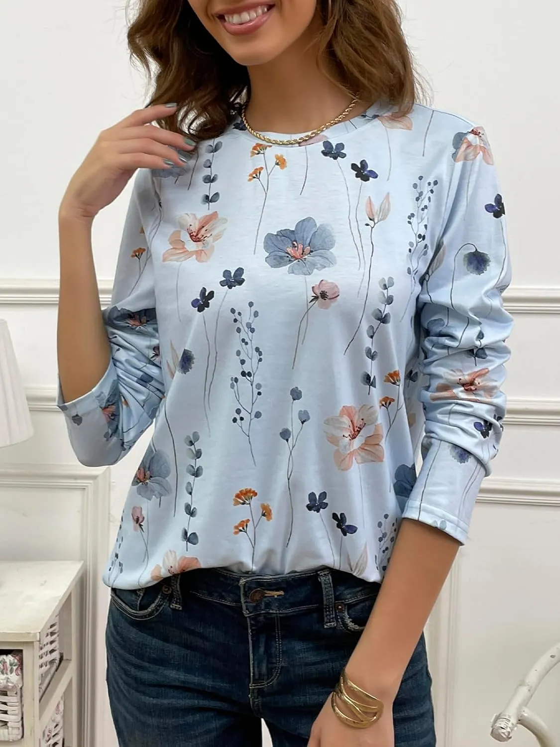 JUSTFASHIONNOW Womens Long Sleeve Tops Casual Shirts for Women Summer Flower Printed T Shirt Crewneck Floral Tee