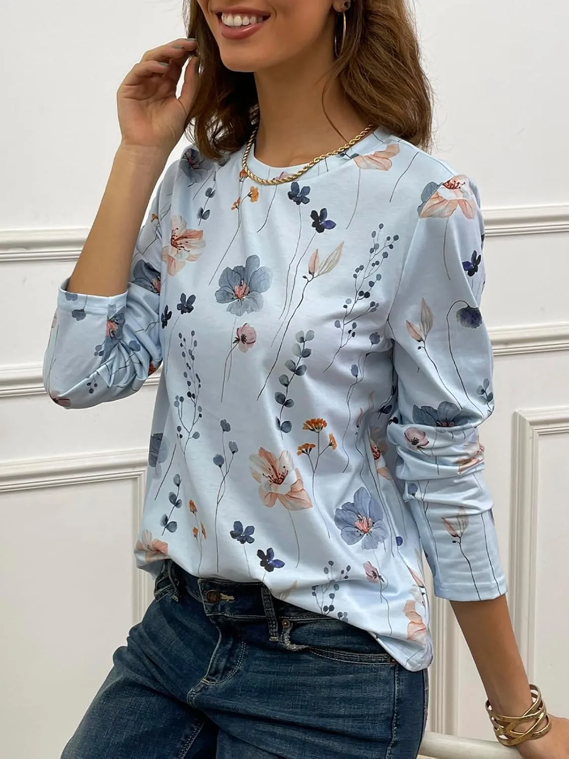 JUSTFASHIONNOW Womens Long Sleeve Tops Casual Shirts for Women Summer Flower Printed T Shirt Crewneck Floral Tee