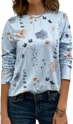 JUSTFASHIONNOW Womens Long Sleeve Tops Casual Shirts for Women Summer Flower Printed T Shirt Crewneck Floral Tee