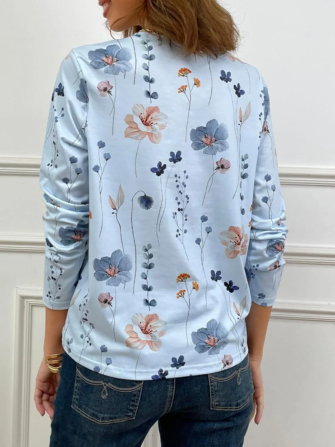 JUSTFASHIONNOW Womens Long Sleeve Tops Casual Shirts for Women Summer Flower Printed T Shirt Crewneck Floral Tee