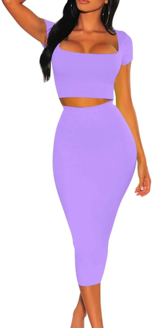 Kaximil Women's Sexy Bodycon Midi Club Dresses Basic Casual 2 Piece Outfits Crop Top Skirt Set