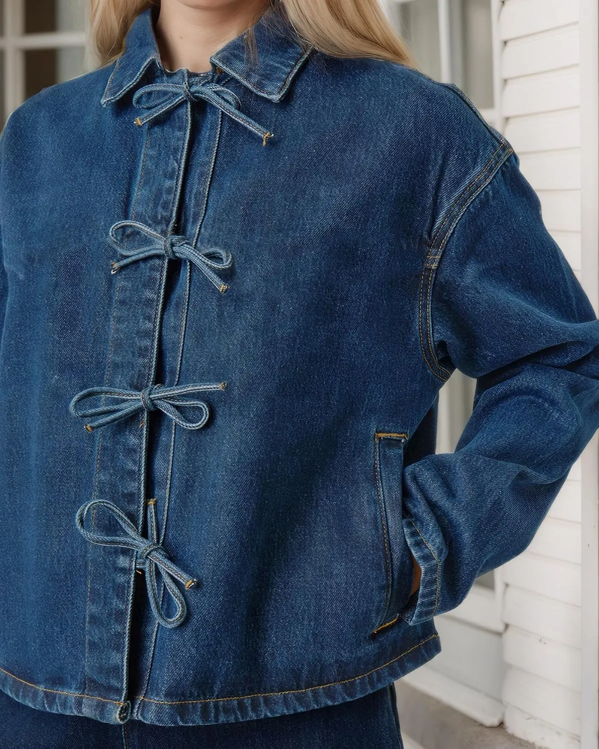Kedera Womens Jean Jacket Tie Front Long Sleeve Denim Shacket Lapel Collar Tops Fall Winter Fashion Trendy Coat Blazer