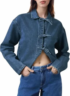 Kedera Womens Jean Jacket Tie Front Long Sleeve Denim Shacket Lapel Collar Tops Fall Winter Fashion Trendy Coat Blazer